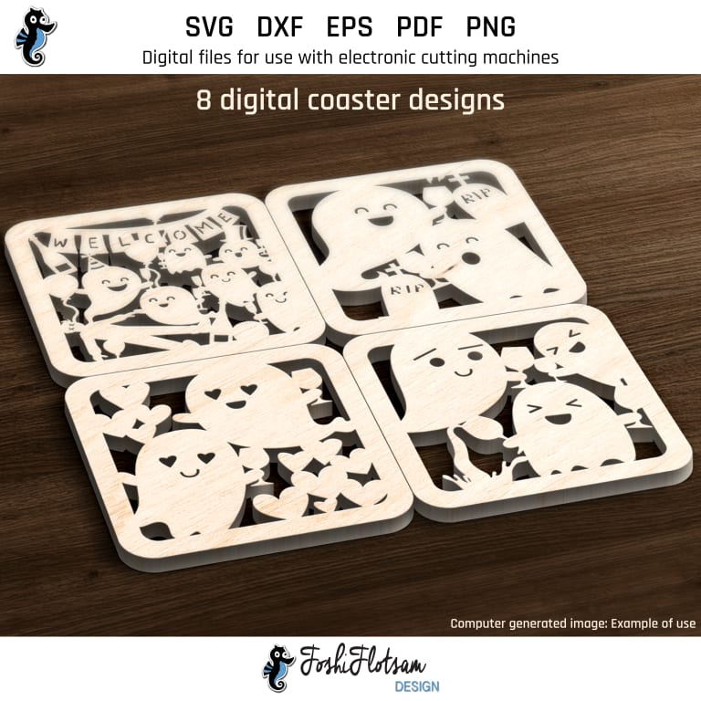 First 4 of 8 ghost coasters included in this coaster SVG bundle.